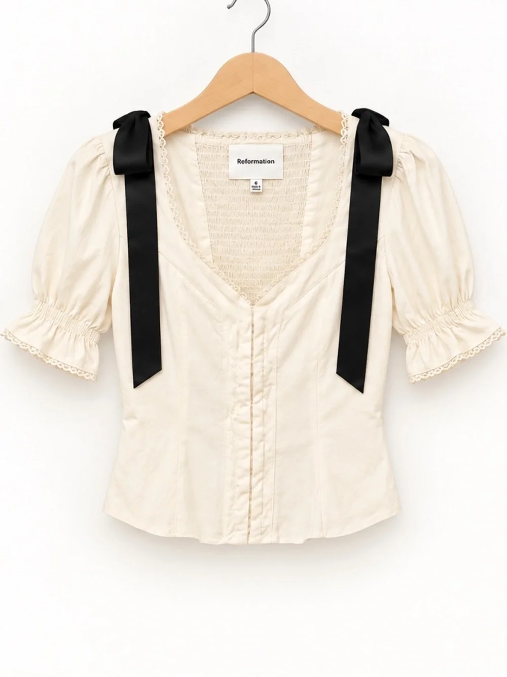 Reformation Inara Top Cream Gossamer Puff Sleeve Black Ribbon Bow Top Size 0